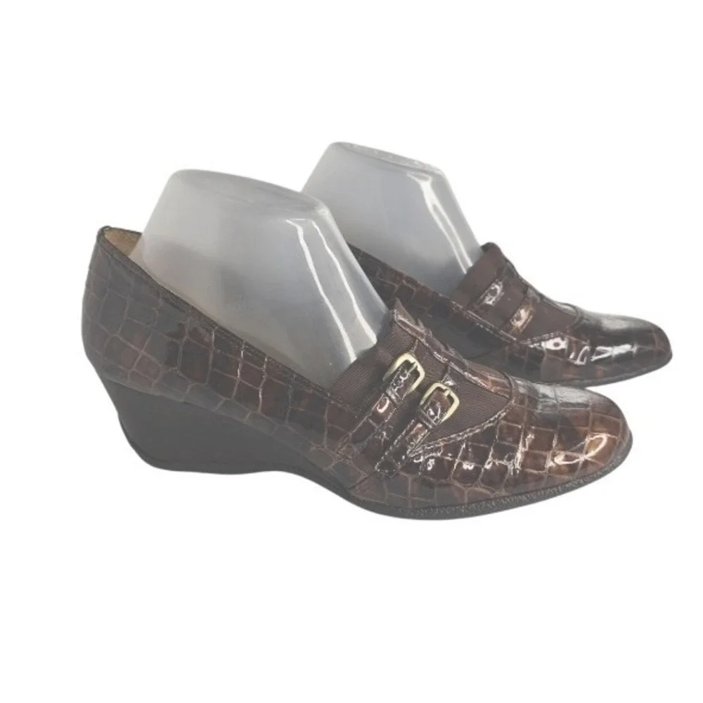 Circa Joan David Brown Faux‎ Crocodile Patent Leather Wedge Loafers 9M